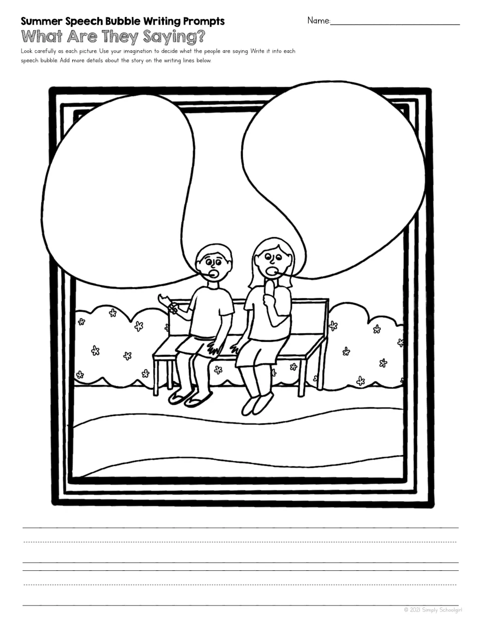 Summer writing prompt 1 shows two children eating frozen treats on a bench, with speech bubbles to complete.
