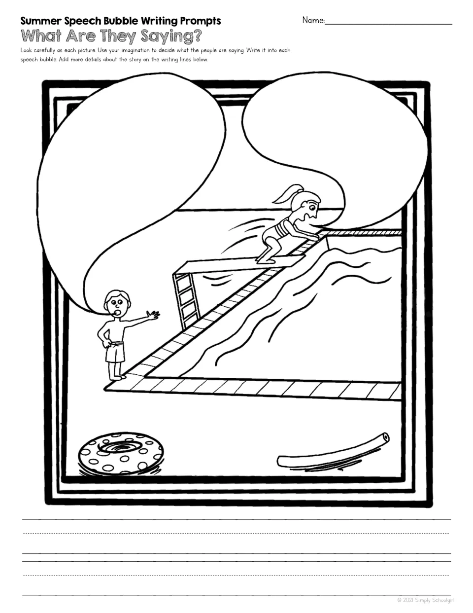 Summer writing prompt 2 shows a child on a diving board and another beside the pool, with two speech bubbles.