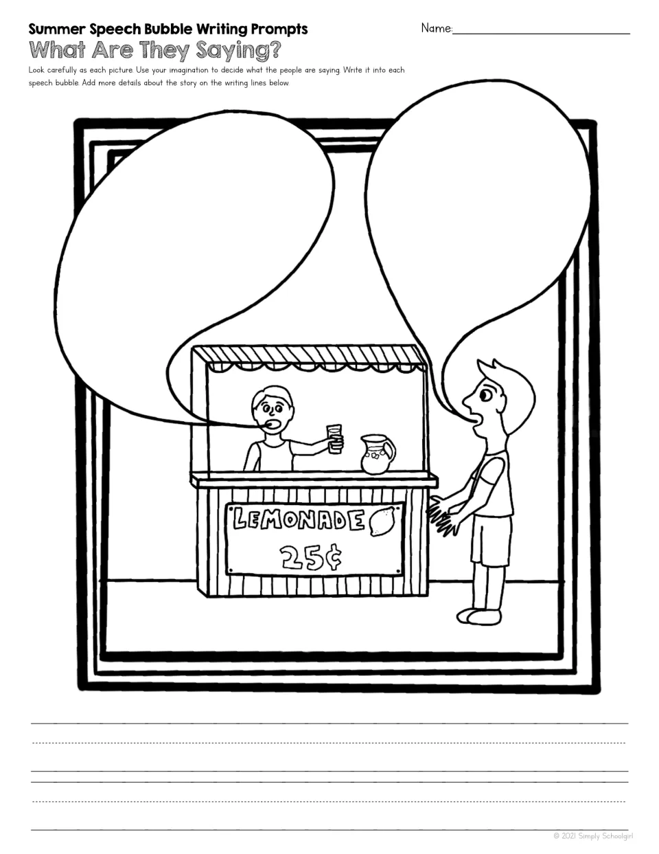 Summer writing prompt 3 shows a child selling lemonade for 25 cents and a customer, with two speech bubbles.