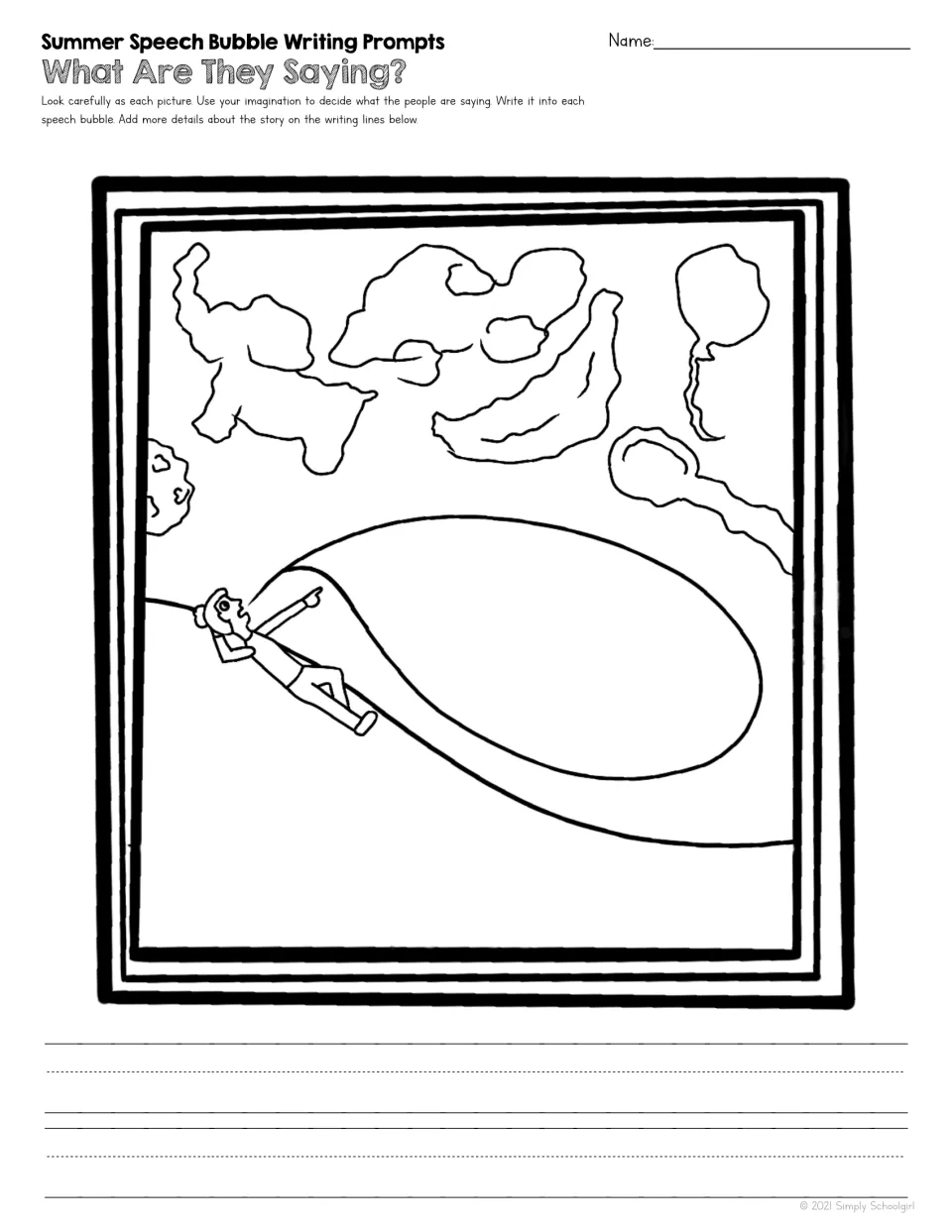 Summer writing prompt 4 shows a child lying down and pointing at clouds, with one speech bubble to complete.