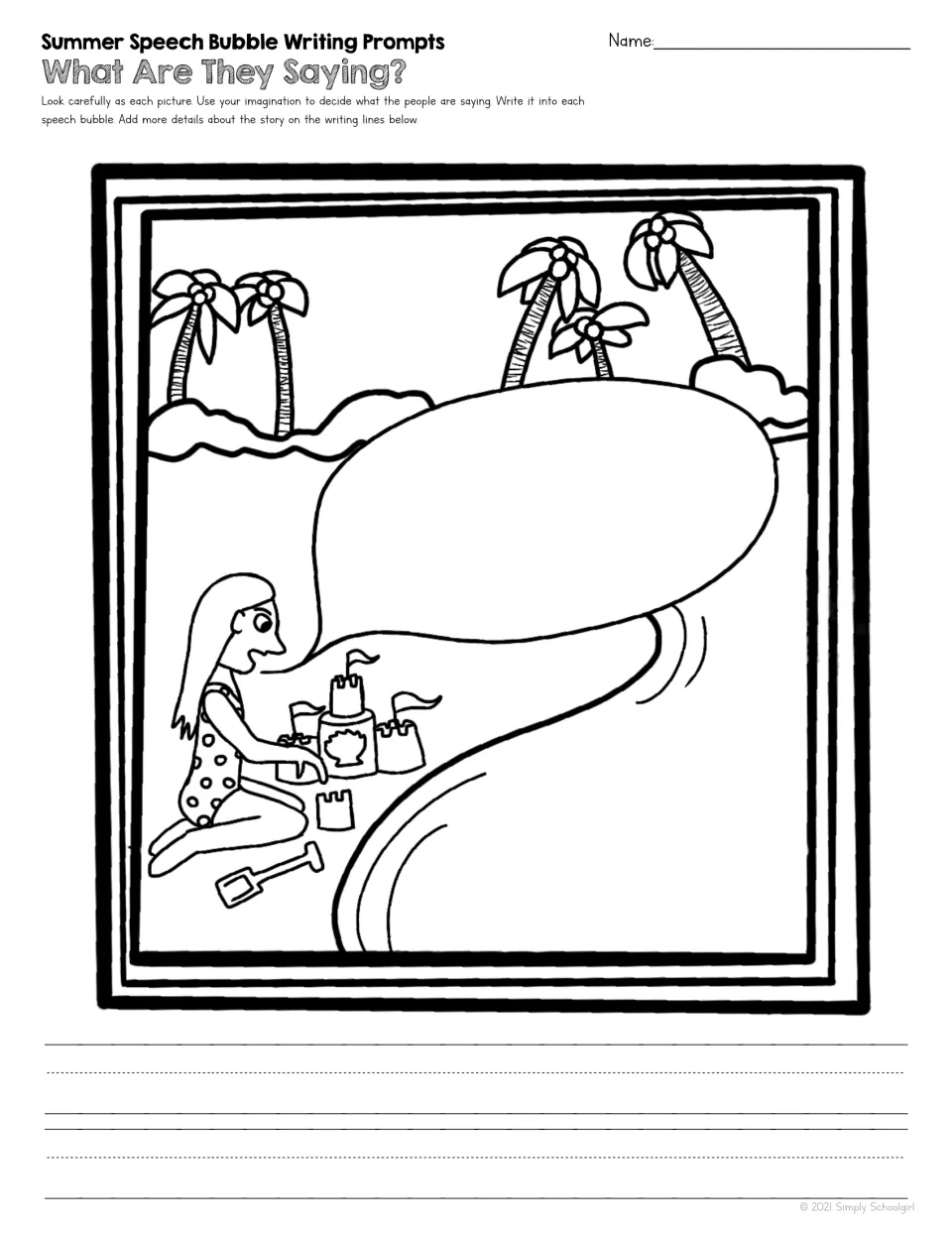 Summer writing prompt 5 shows a child building a sandcastle beside the water, with a speech bubble to complete.