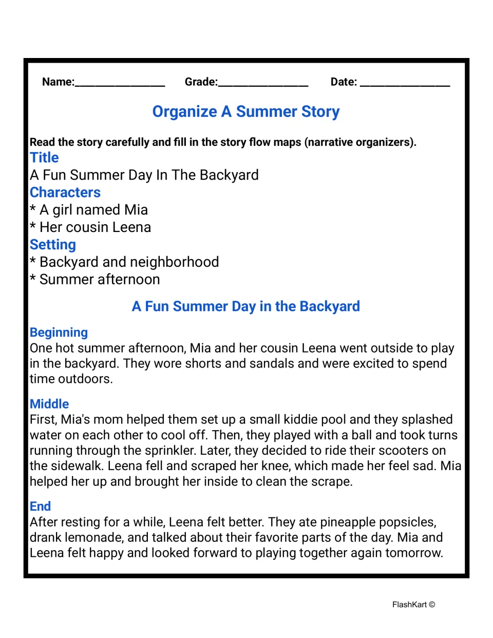 Summer story about Mia and cousin Leena's backyard day, split into beginning, middle and end with characters and setting