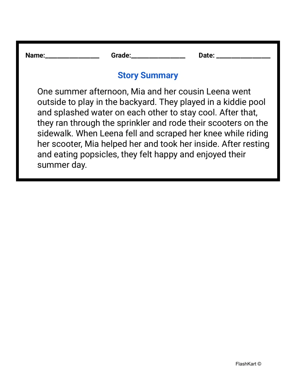 Story summary model: a retelling of Mia and Leena's day with the kiddie pool, sprinkler, scooter fall and popsicles