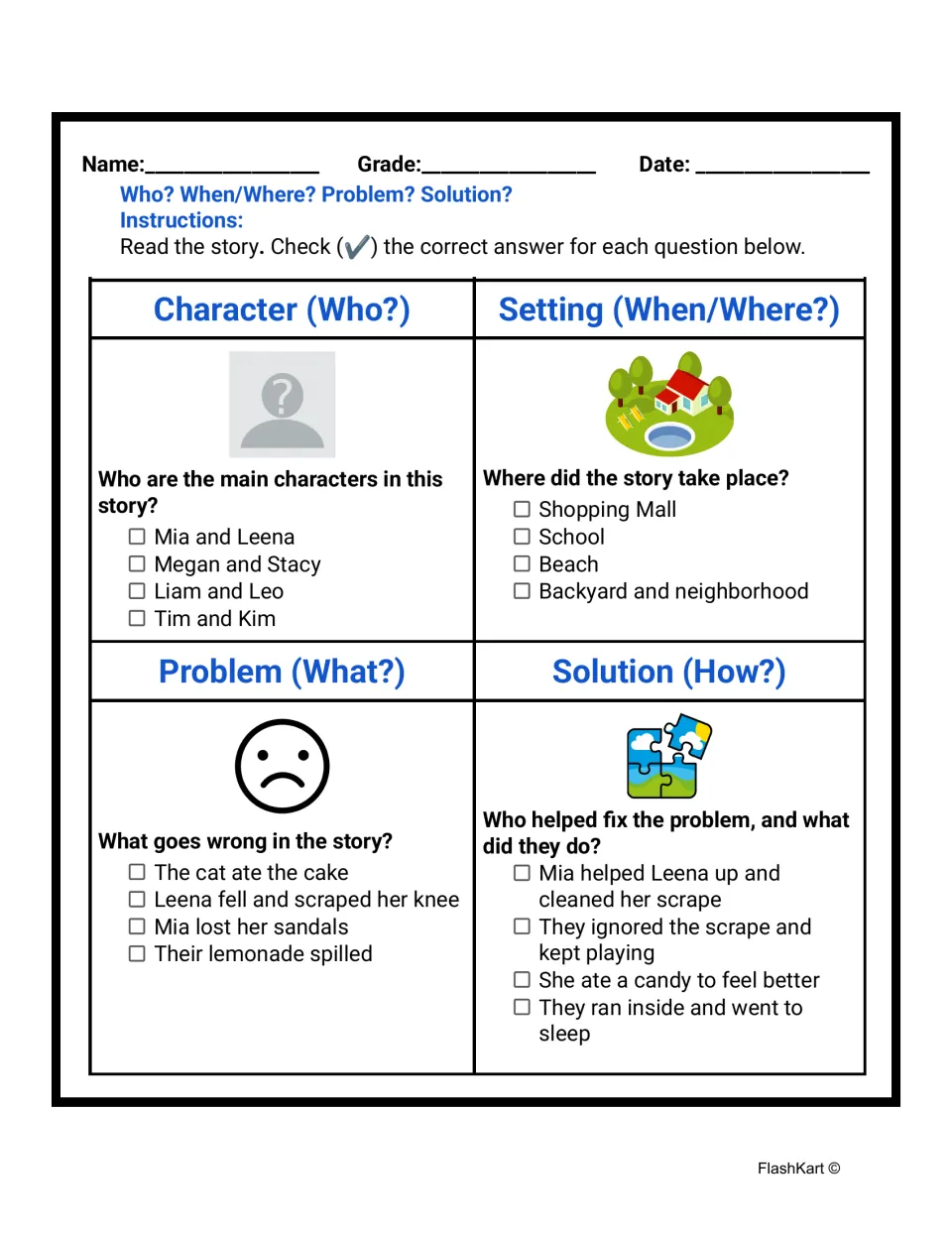Story elements check: students tick the right choice for who, when/where, the problem and the solution in Mia's story