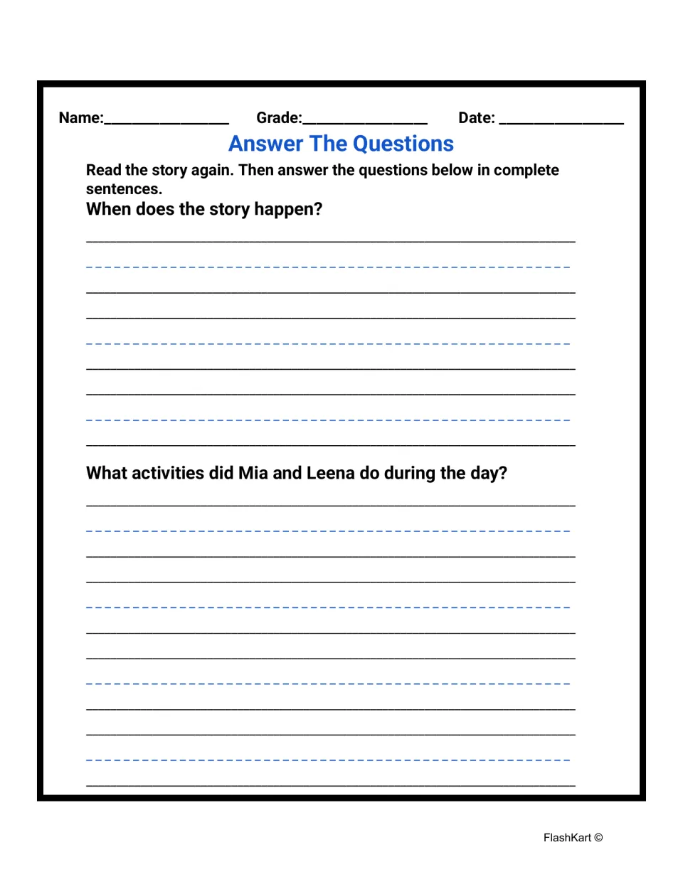 Reading response questions: students reread and write full sentences on when the story happens and what Mia and Leena did