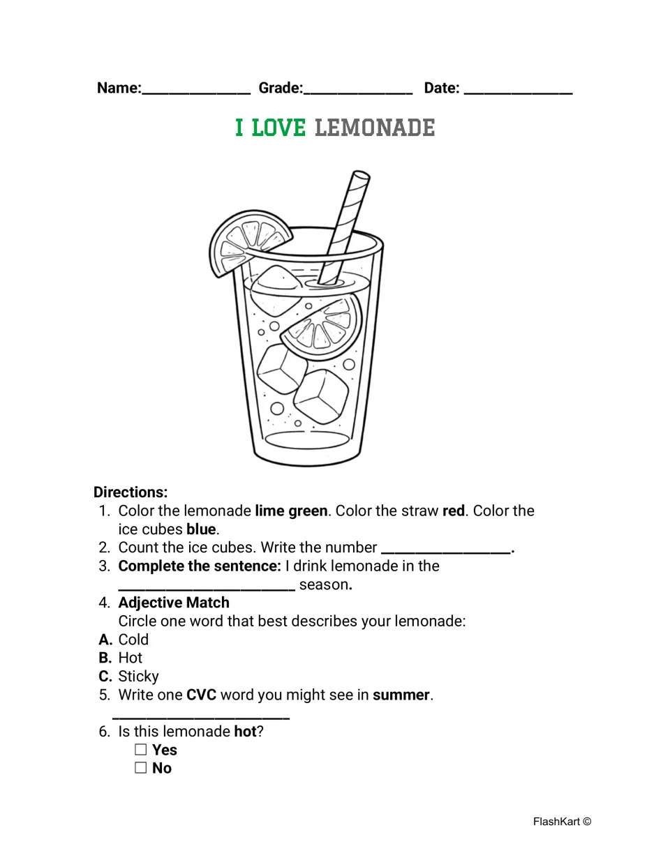 I Love Lemonade: students color lemonade, count ice cubes, pick an adjective, write a CVC word and finish a sentence