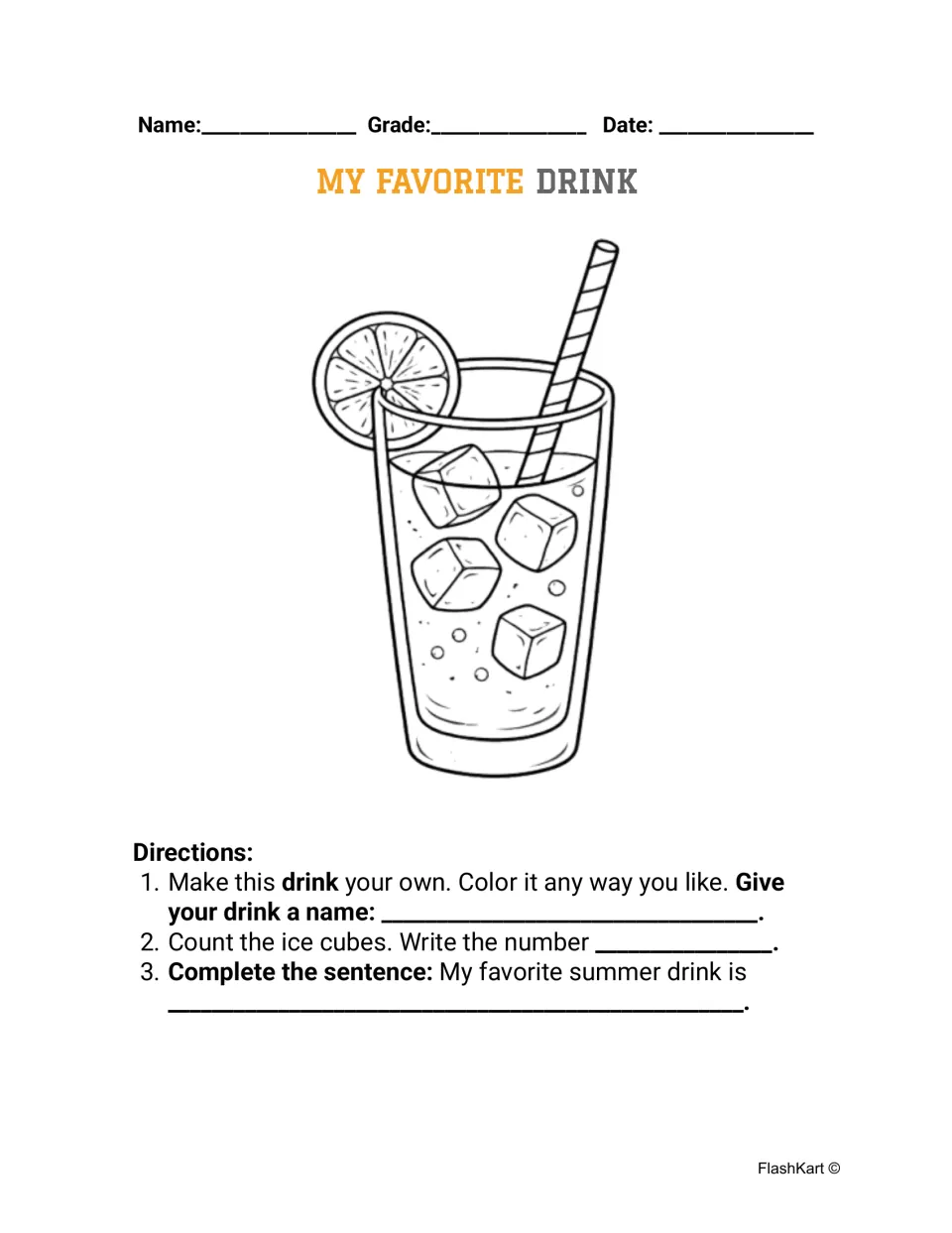 My Favorite Drink: students color and name their own drink, count its ice cubes and complete a sentence about it