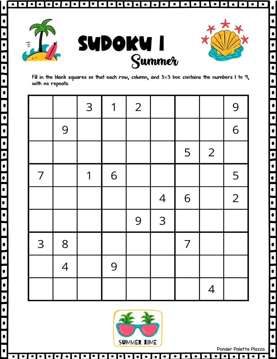 Summer Sudoku puzzle 1: fill in numbers 1–9 without repeats; the first row includes 3, 1, 2, and 9.