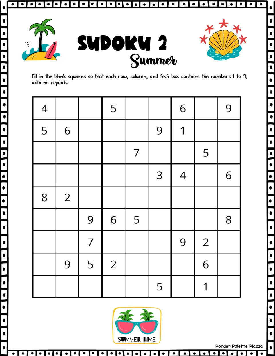 Summer Sudoku puzzle 2: fill in numbers 1–9 without repeats; the first row includes 4, 5, 6, and 9.