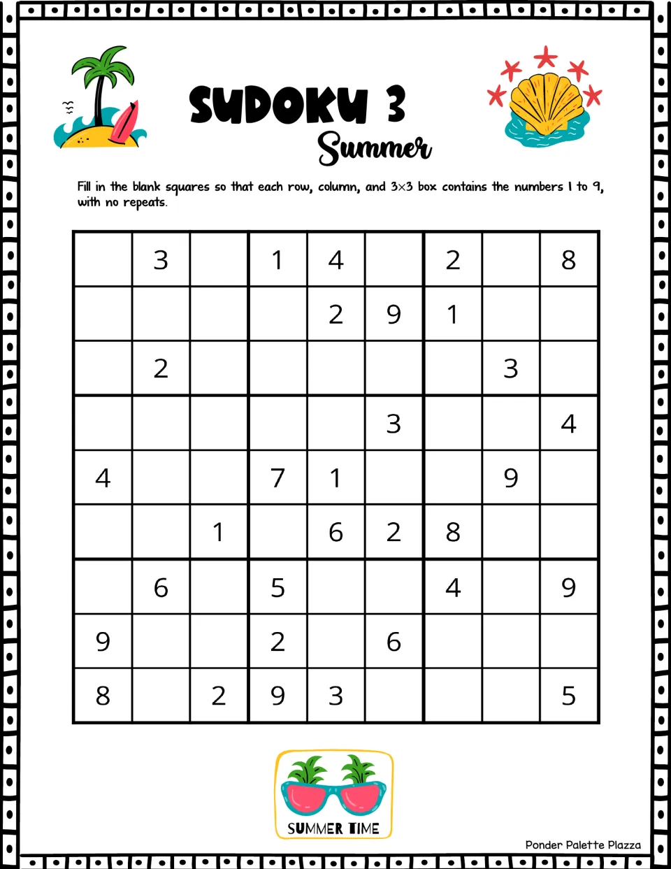 Summer Sudoku puzzle 3: fill in numbers 1–9 without repeats; the first row includes 3, 1, 4, 2, and 8.