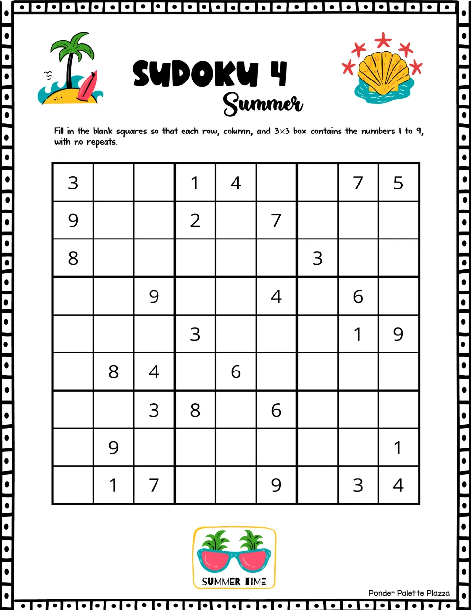 Summer Sudoku puzzle 4: fill in numbers 1–9 without repeats; the first row includes 3, 1, 4, 7, and 5.