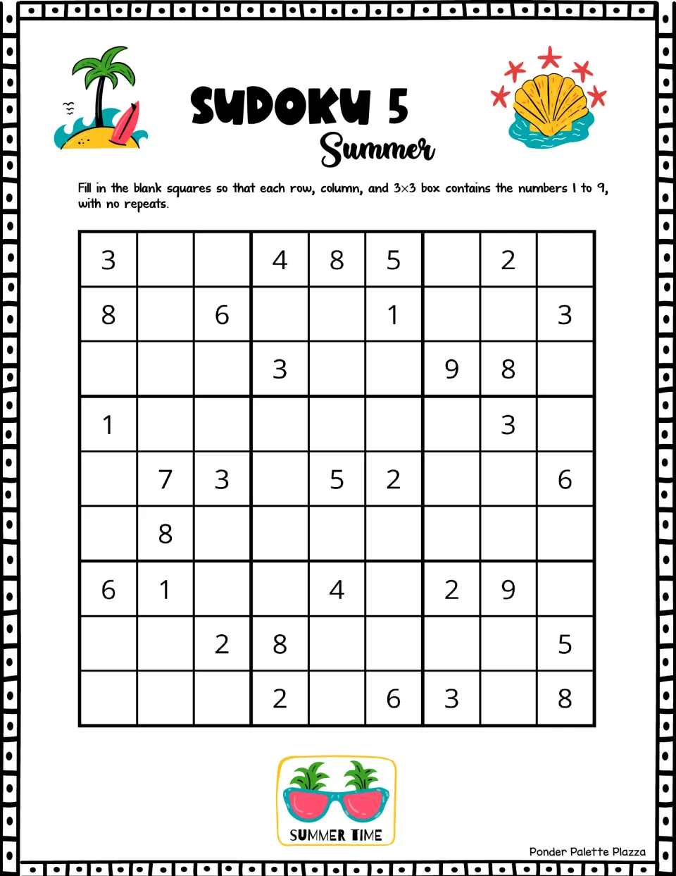 Summer Sudoku puzzle 5: fill in numbers 1–9 without repeats; the first row includes 3, 4, 8, 5, and 2.