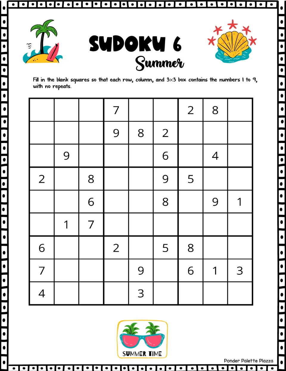 Summer Sudoku puzzle 6: fill in numbers 1–9 without repeats; the first row includes 7, 2, and 8.
