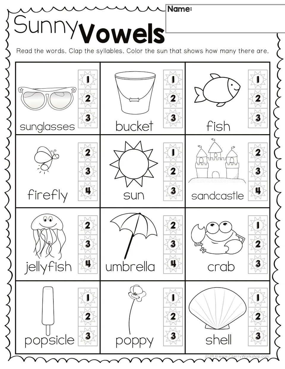 Sunny Vowels syllable count: students read 12 summer words like sandcastle and umbrella, clap, and color the matching sun
