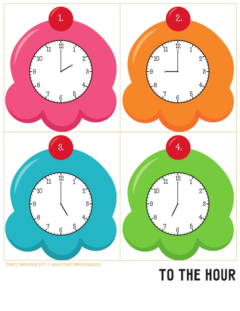 Ice cream clock cards 1–4 for telling time to the hour, showing analog times 2:00, 9:00, 5:00, and 7:00