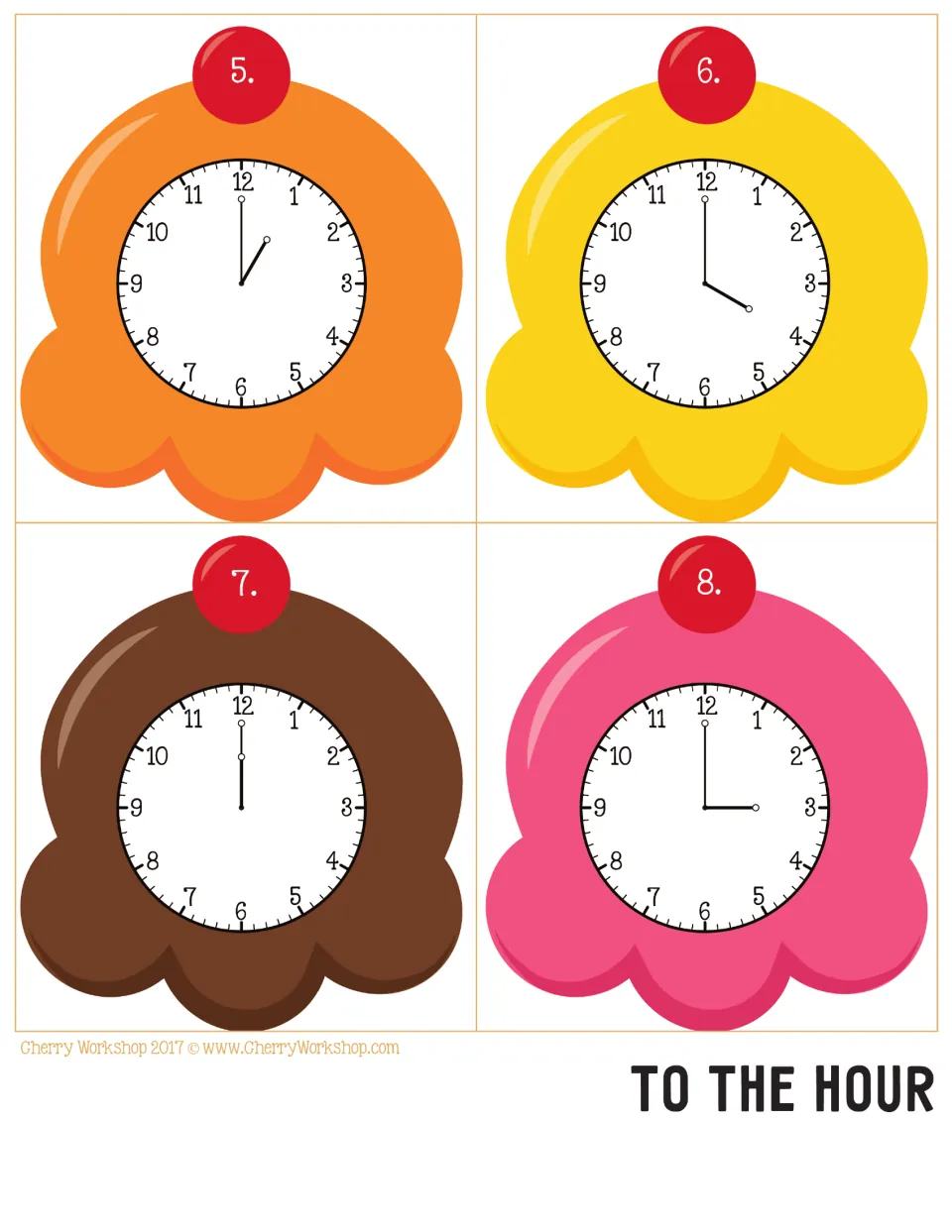 Ice cream clock cards 5–8 for telling time to the hour, showing analog times 1:00, 4:00, 12:00, and 3:00