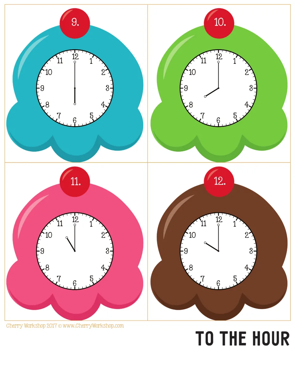 Ice cream clock cards 9–12 for telling time to the hour, showing analog times 6:00, 8:00, 11:00, and 10:00