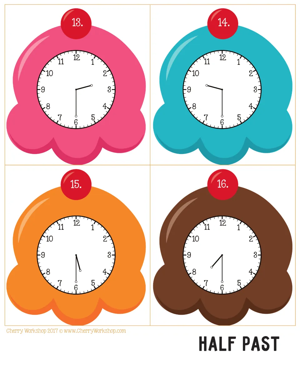 Ice cream clock cards 13–16 for telling time to the half hour, showing analog times 2:30, 9:30, 5:30, and 7:30