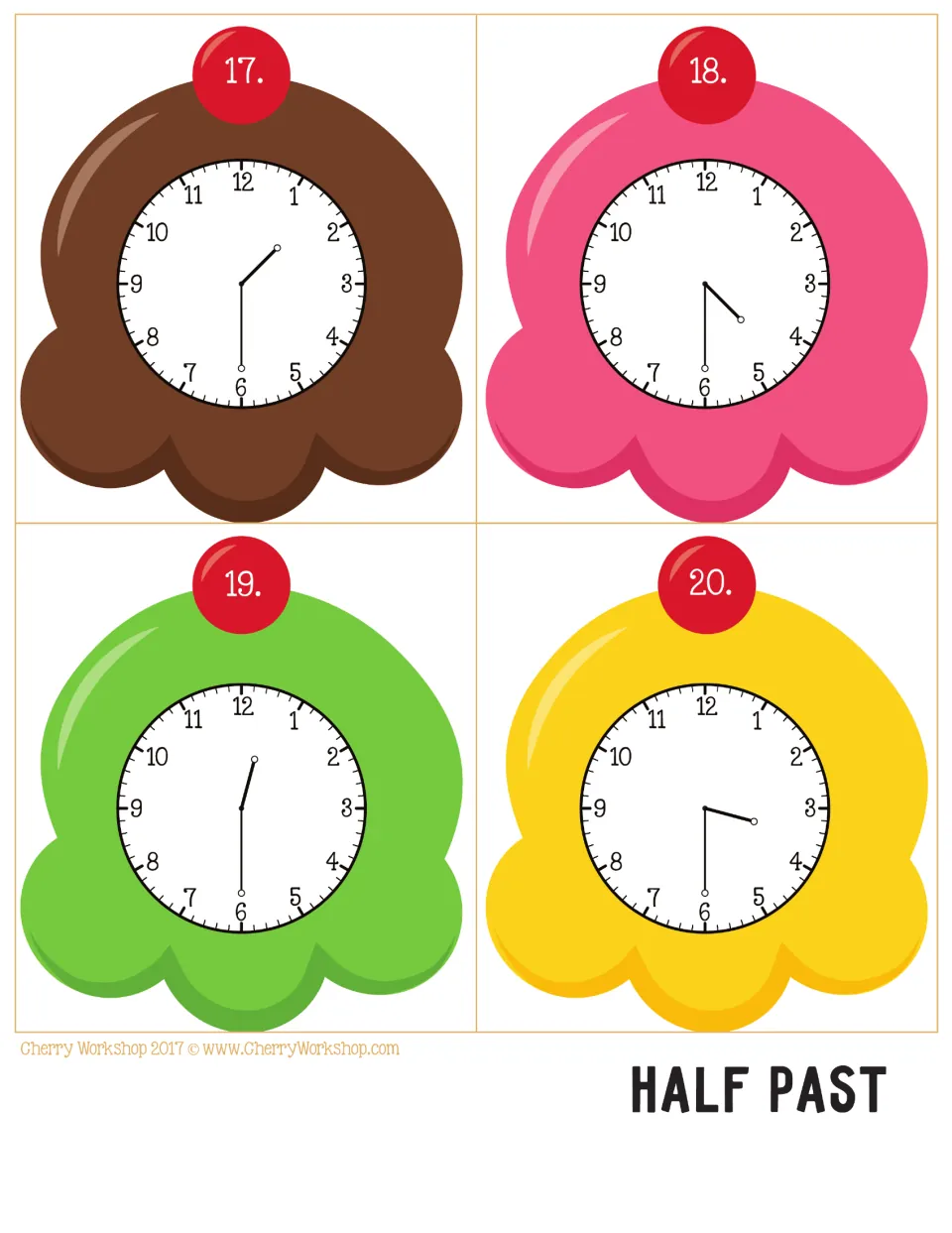 Ice cream clock cards 17–20 for telling time to the half hour, showing analog times 1:30, 4:30, 12:30, and 3:30