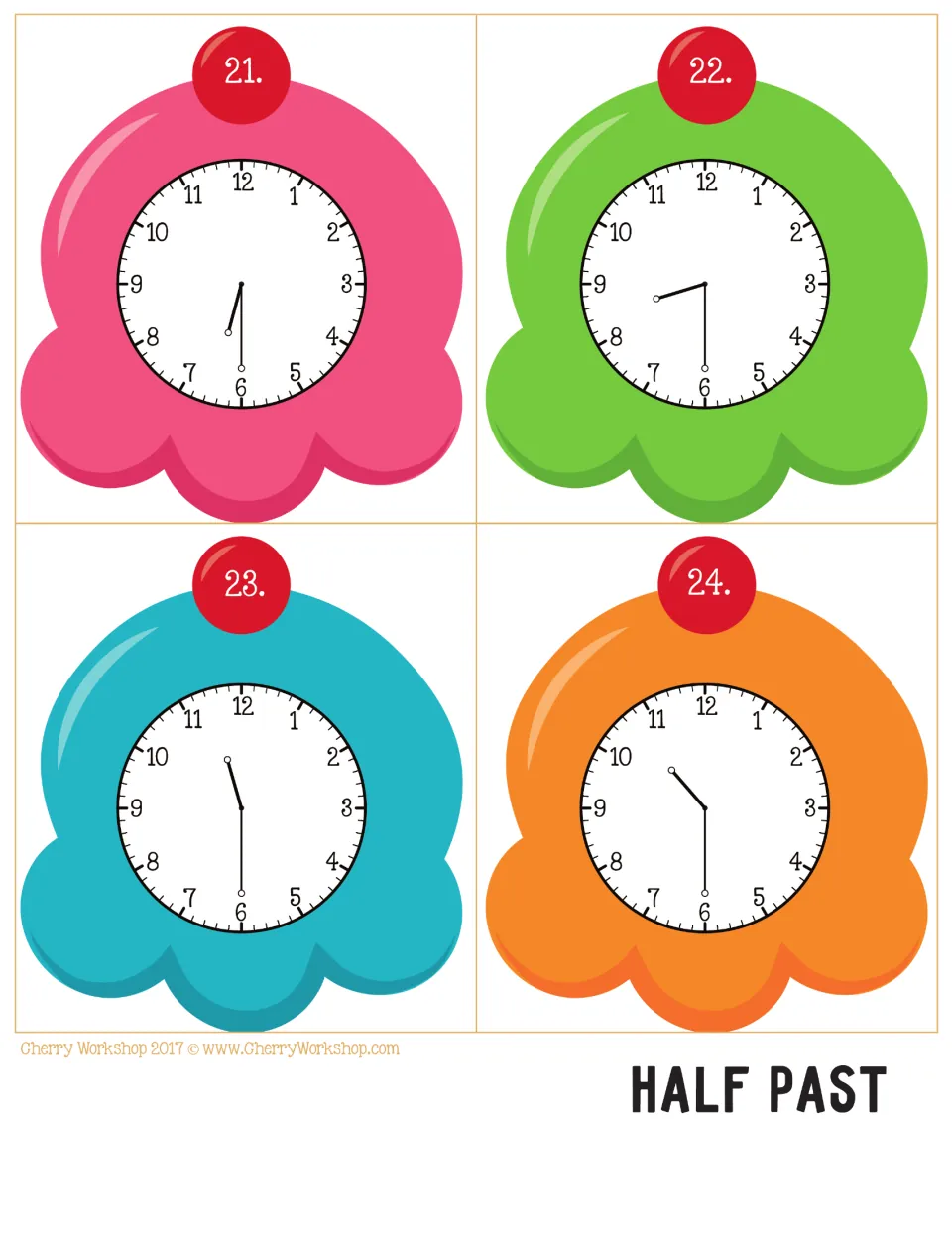 Ice cream clock cards 21–24 for telling time to the half hour, showing analog times 6:30, 8:30, 11:30, and 10:30