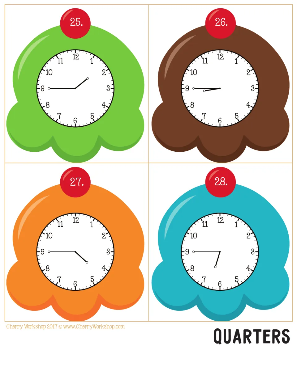 Ice cream clock cards 25–28 for quarter-hour telling time, showing analog times 1:45, 8:45, 4:45, and 6:45