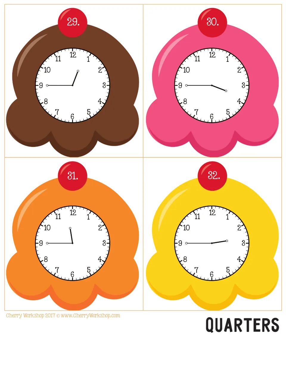 Ice cream clock cards 29–32 for quarter-hour telling time, showing analog times 12:45, 3:45, 11:45, and 2:45