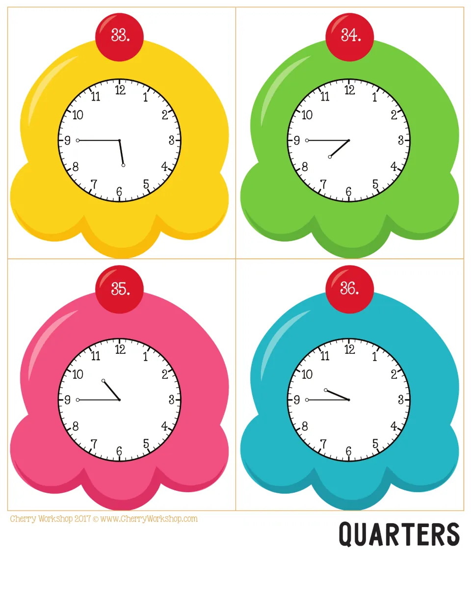 Ice cream clock cards 33–36 for quarter-hour telling time, showing analog times 5:45, 7:45, 10:45, and 9:45