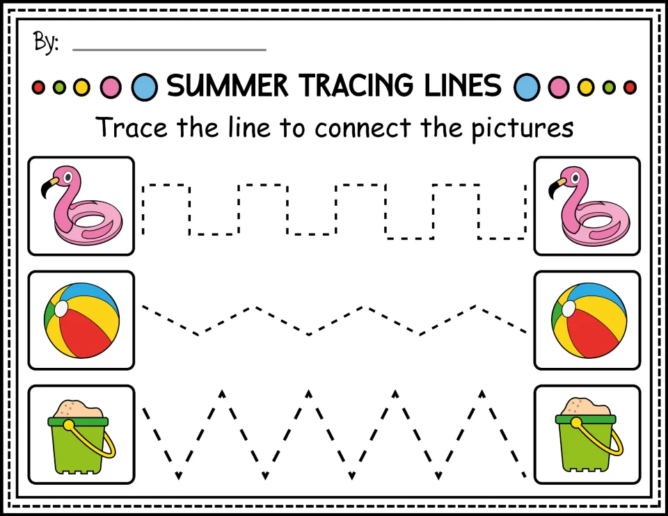Color prewriting worksheet: trace stepped and zigzag paths between flamingo floats, beach balls, and sand buckets