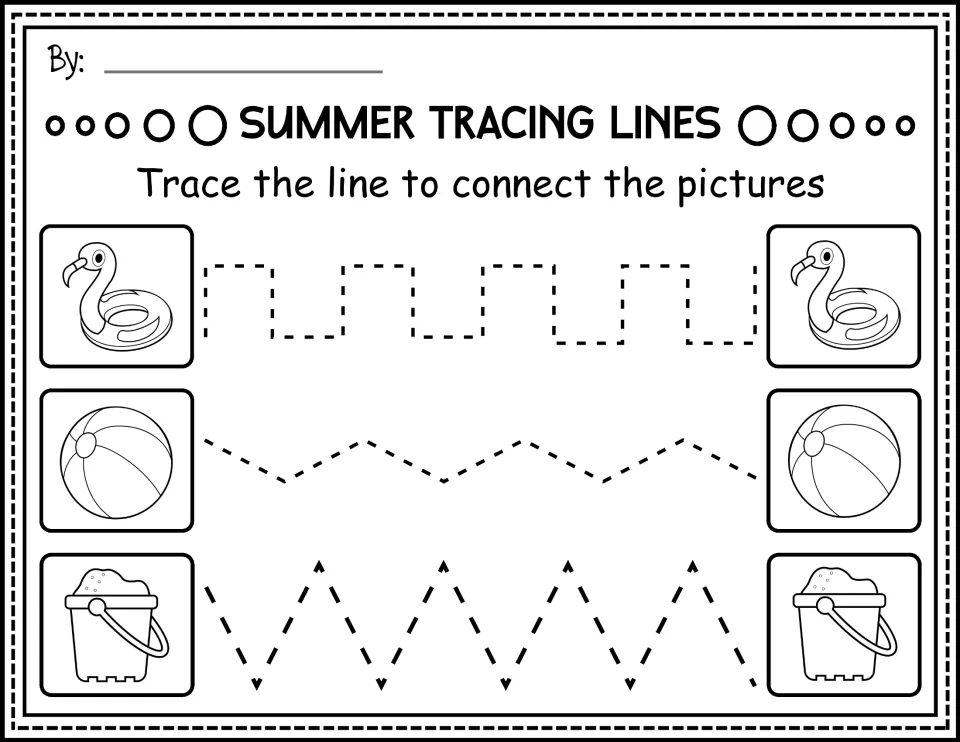 Black-and-white prewriting worksheet: trace paths between flamingo floats, beach balls, and sand buckets
