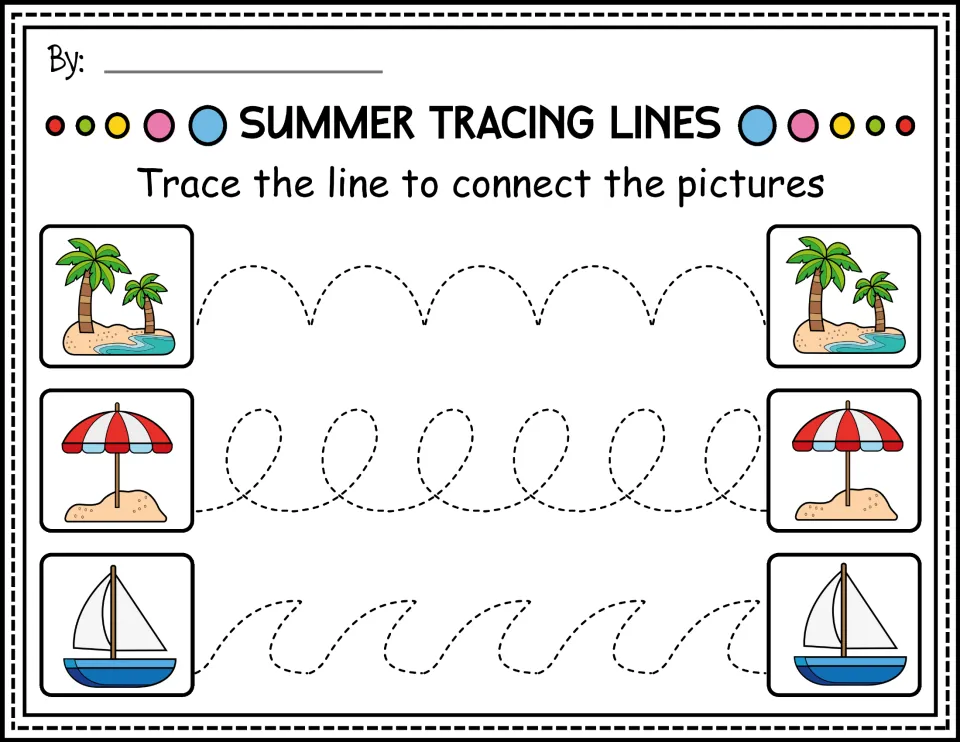 Color prewriting worksheet: trace arches, loops, and waves between islands, beach umbrellas, and sailboats