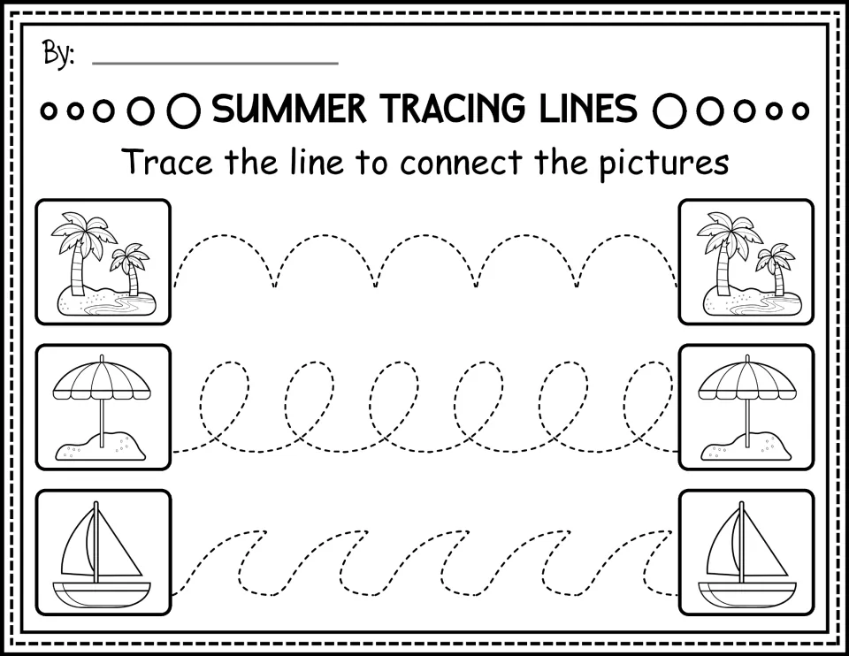 Black-and-white prewriting worksheet: trace curved paths between islands, beach umbrellas, and sailboats