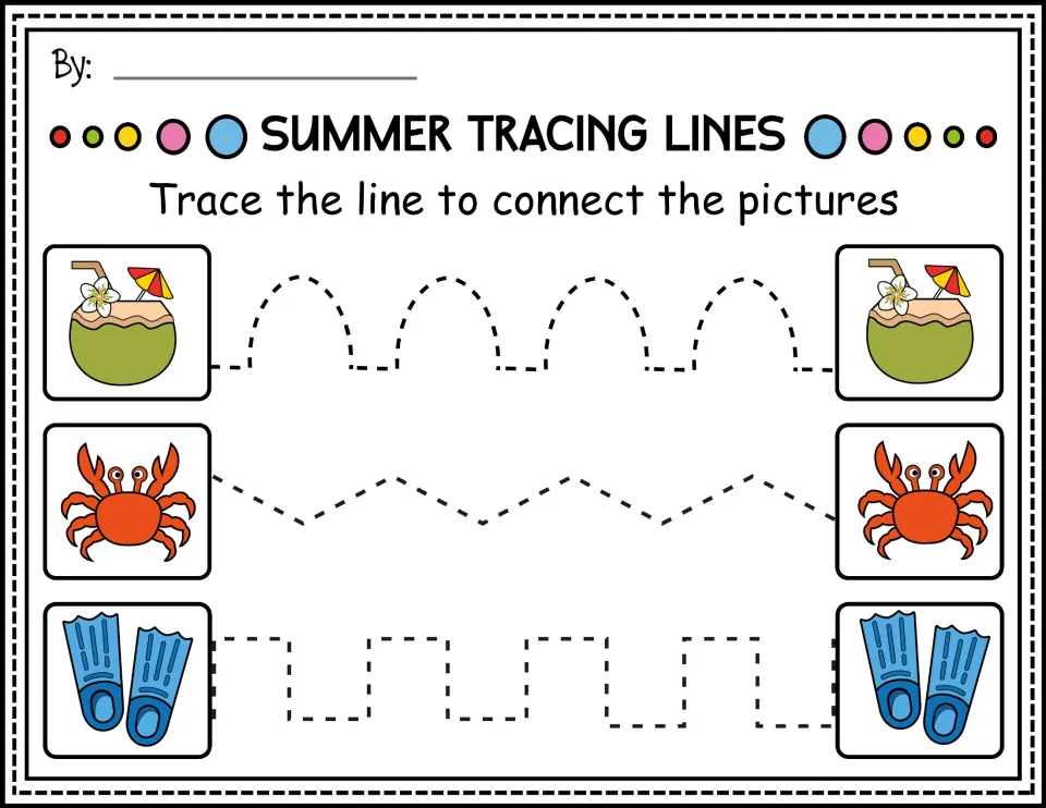 Color prewriting worksheet: trace arches, zigzags, and stepped paths between coconut drinks, crabs, and swim fins