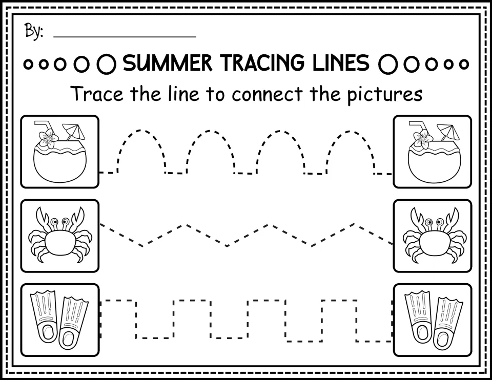 Black-and-white prewriting worksheet: trace paths connecting matching coconut drinks, crabs, and swim fins