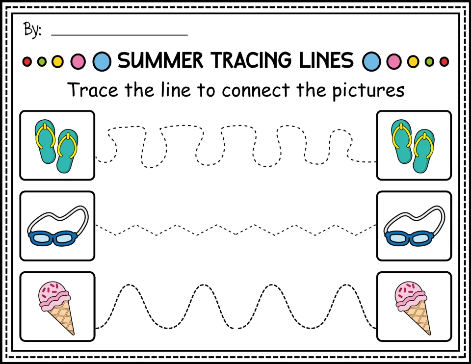 Color prewriting worksheet: trace winding, zigzag, and wavy paths between flip-flops, goggles, and ice cream cones