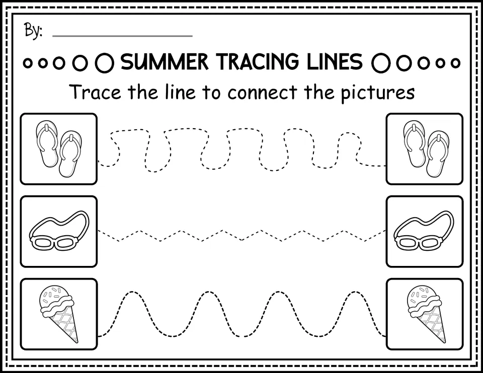 Black-and-white prewriting worksheet: trace paths connecting matching flip-flops, goggles, and ice cream cones