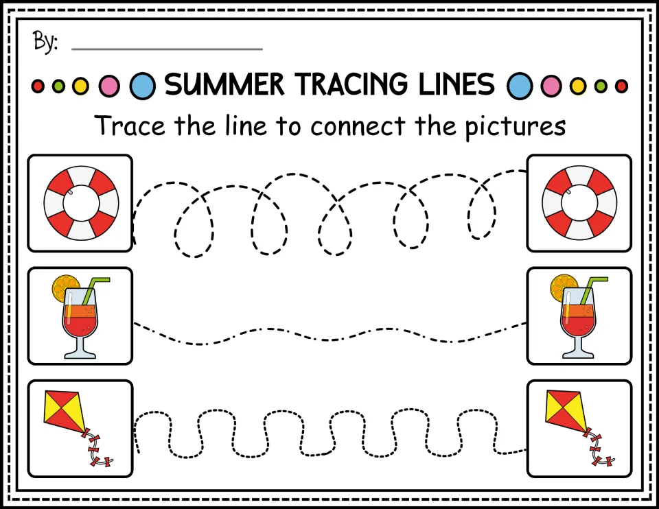 Color prewriting worksheet: trace looping, wavy, and winding paths between life rings, fruit drinks, and kites