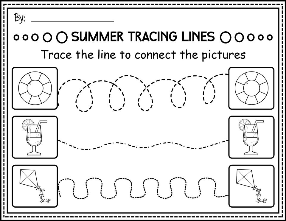 Black-and-white prewriting worksheet: trace paths connecting matching life rings, fruit drinks, and kites