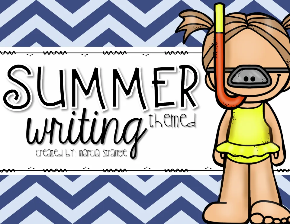Summer Themed Writing cover by Marcia Strange, showing a smiling girl in a yellow swimsuit wearing a snorkel and mask