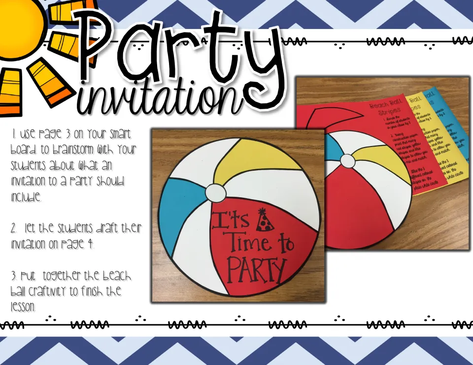 Party invitation lesson steps: brainstorm what an invitation includes, draft it, then build a beach ball craft