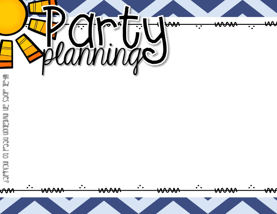Party planning brainstorm: the class discusses what an invitation needs to include and records ideas together