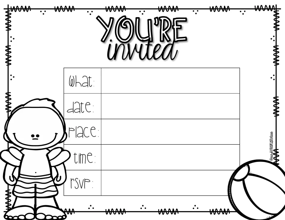 You're Invited draft: students fill in what, date, place, time and RSVP to plan their own summer party invitation