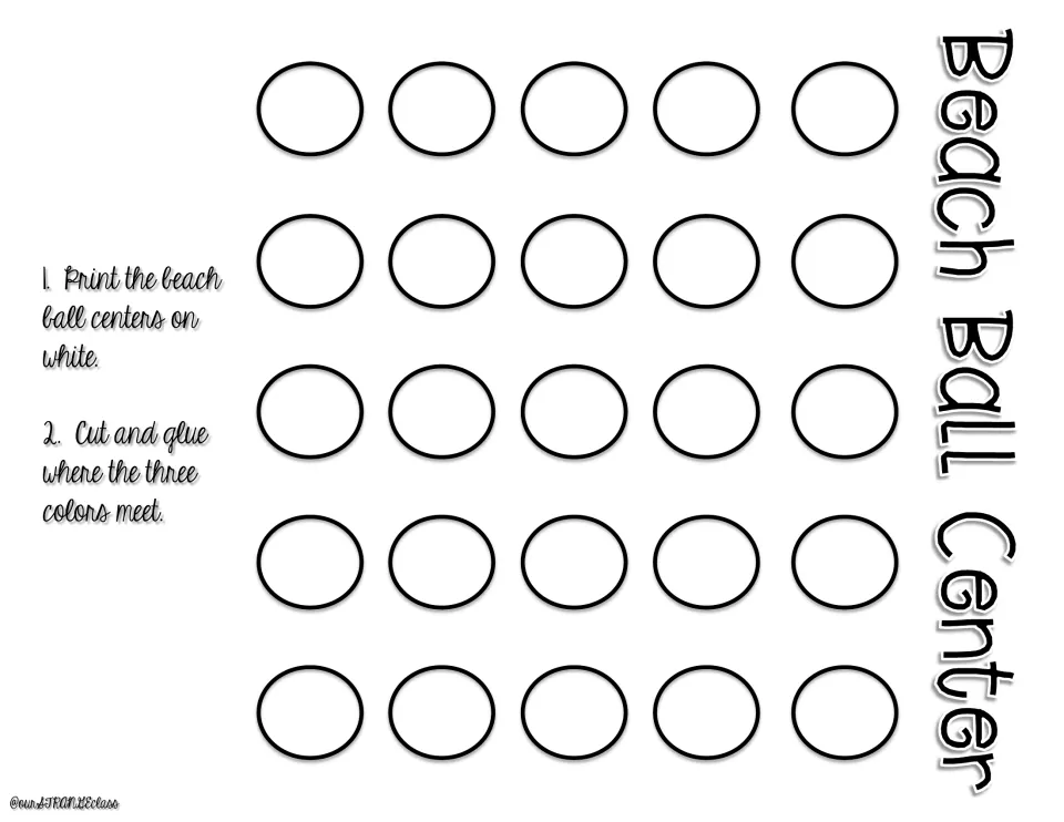 Beach ball center pieces: 25 small circles to print on white, cut out and glue where the three stripe colors meet