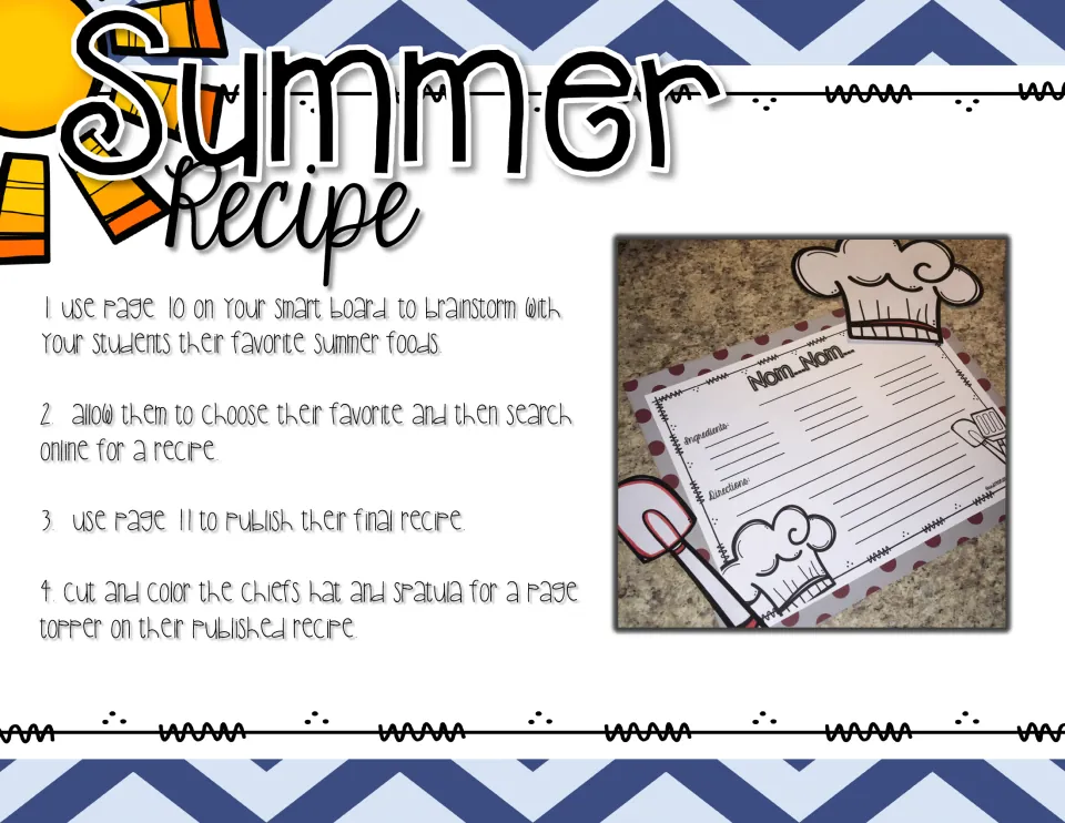 Summer recipe lesson steps: brainstorm favorite summer foods, research a recipe online, then publish it with a chef's hat