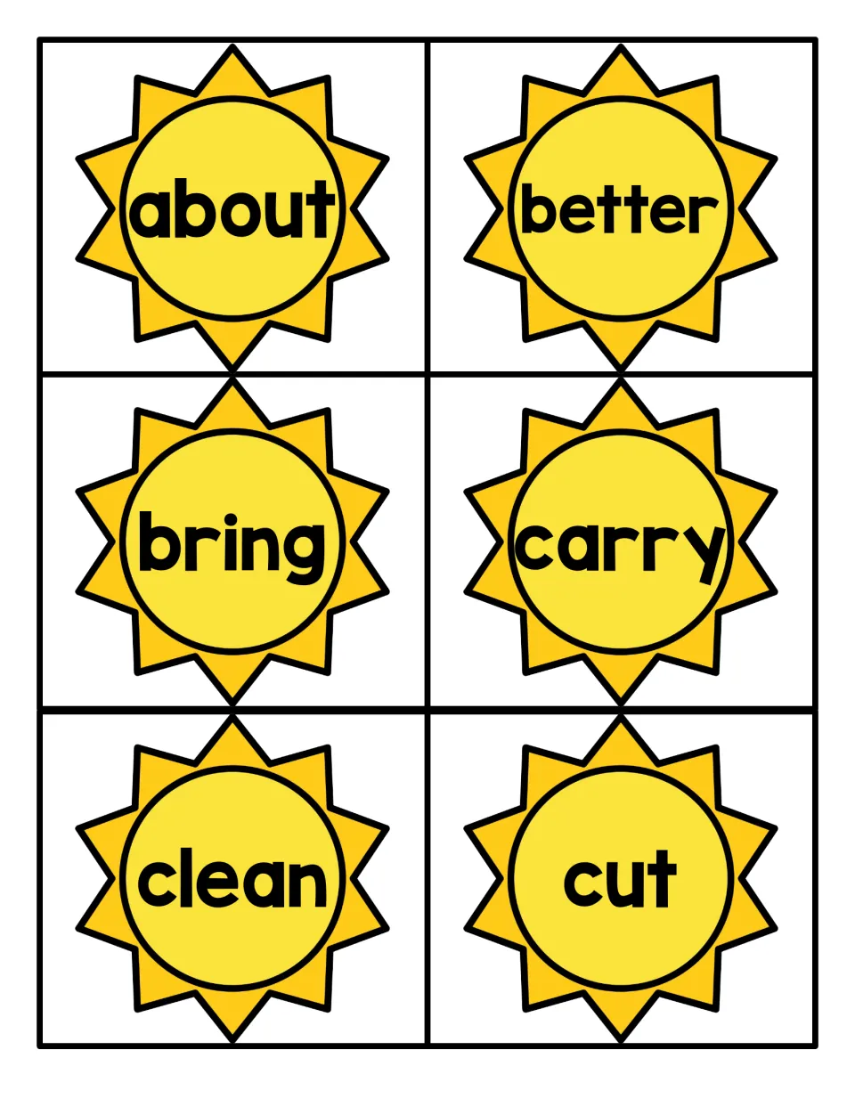 Sight word sun cards: students cut apart and read six words, about, better, bring, carry, clean and cut
