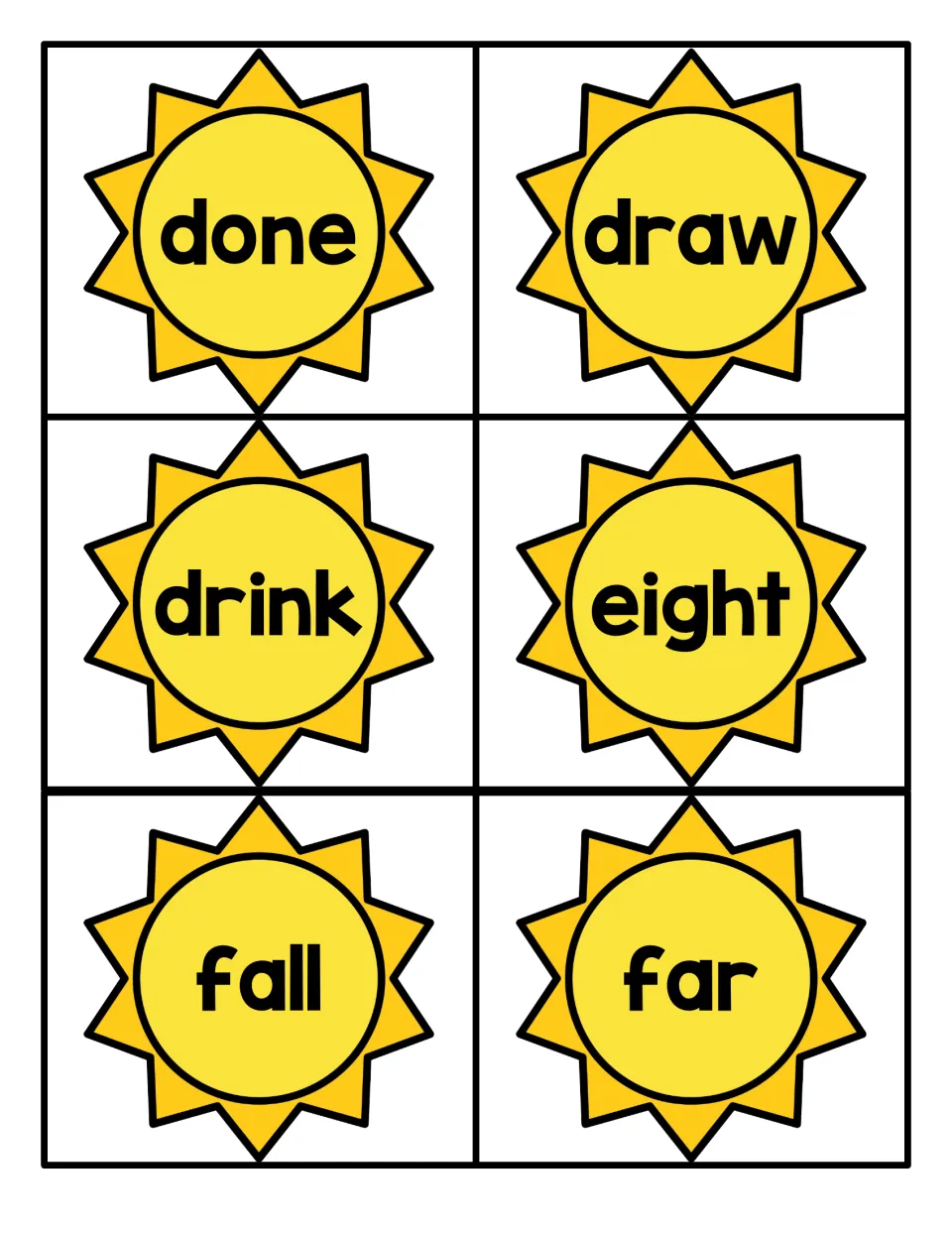 Sun-shaped sight word cards for reading practice: done, draw, drink, eight, fall and far, ready to cut apart