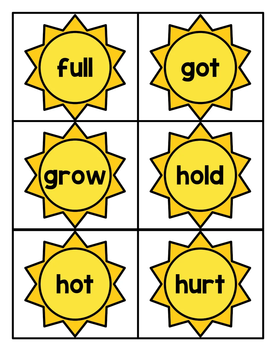 Sight word recognition cards on yellow suns: full, got, grow, hold, hot and hurt for students to read aloud