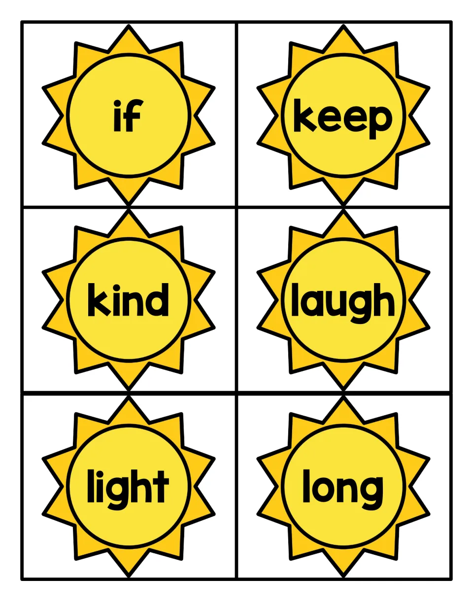 Sight words if, keep, kind, laugh, light and long on six sun cards for students to cut out and read quickly