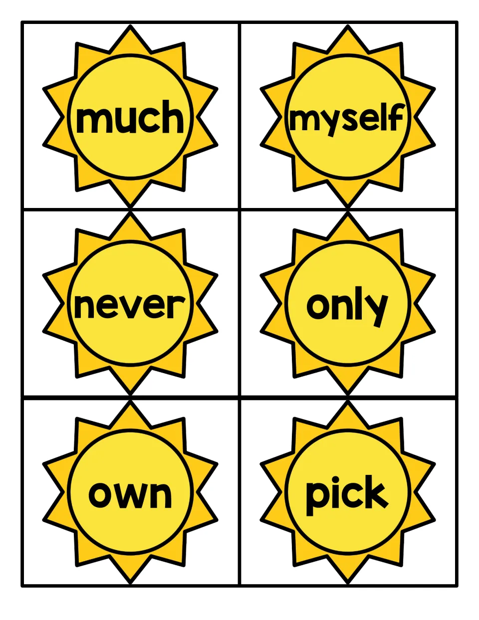 Sun flash cards for sight word reading: students practise much, myself, never, only, own and pick by sight
