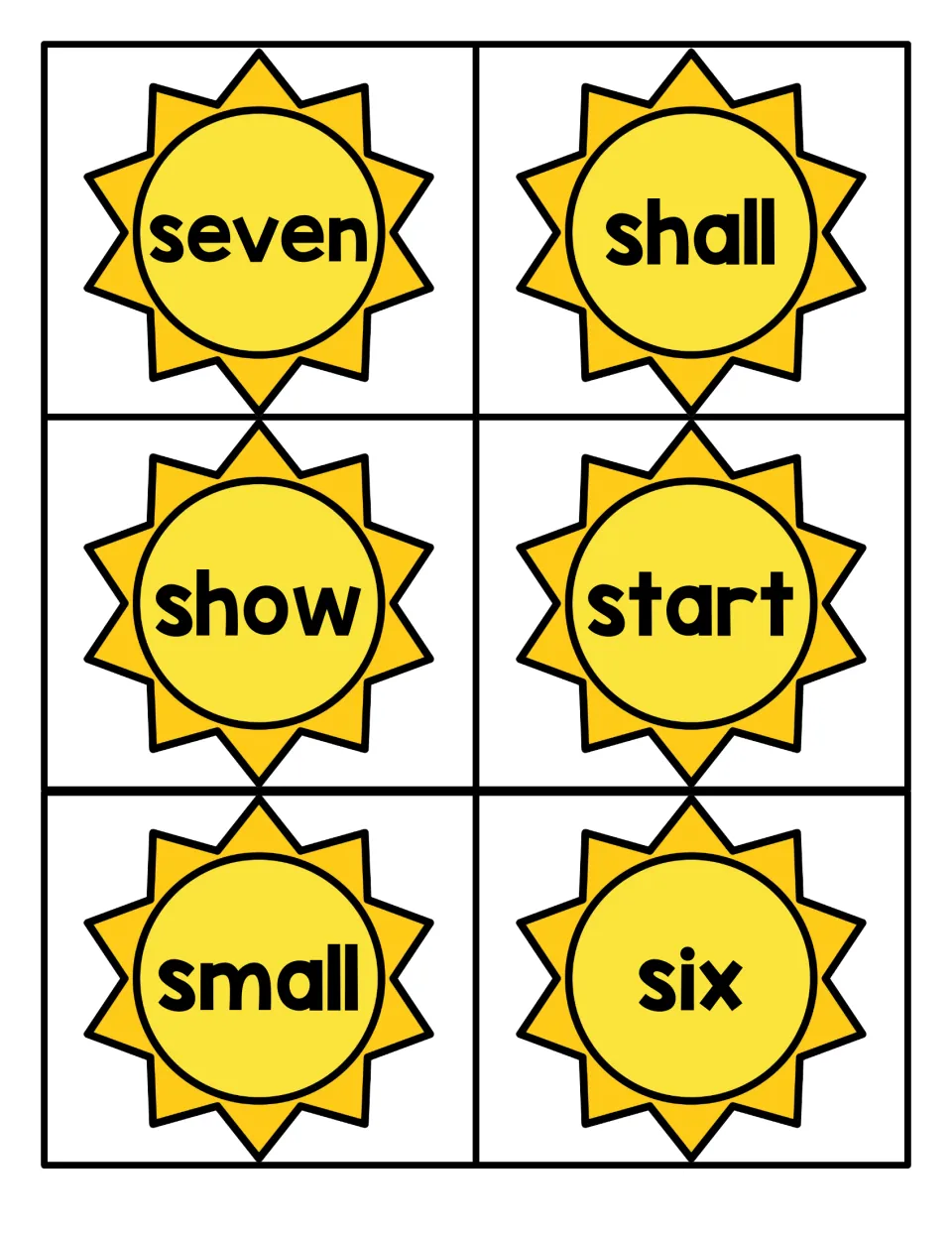 Sight word sun cards with seven, shall, show, start, small and six for students to cut apart and read aloud