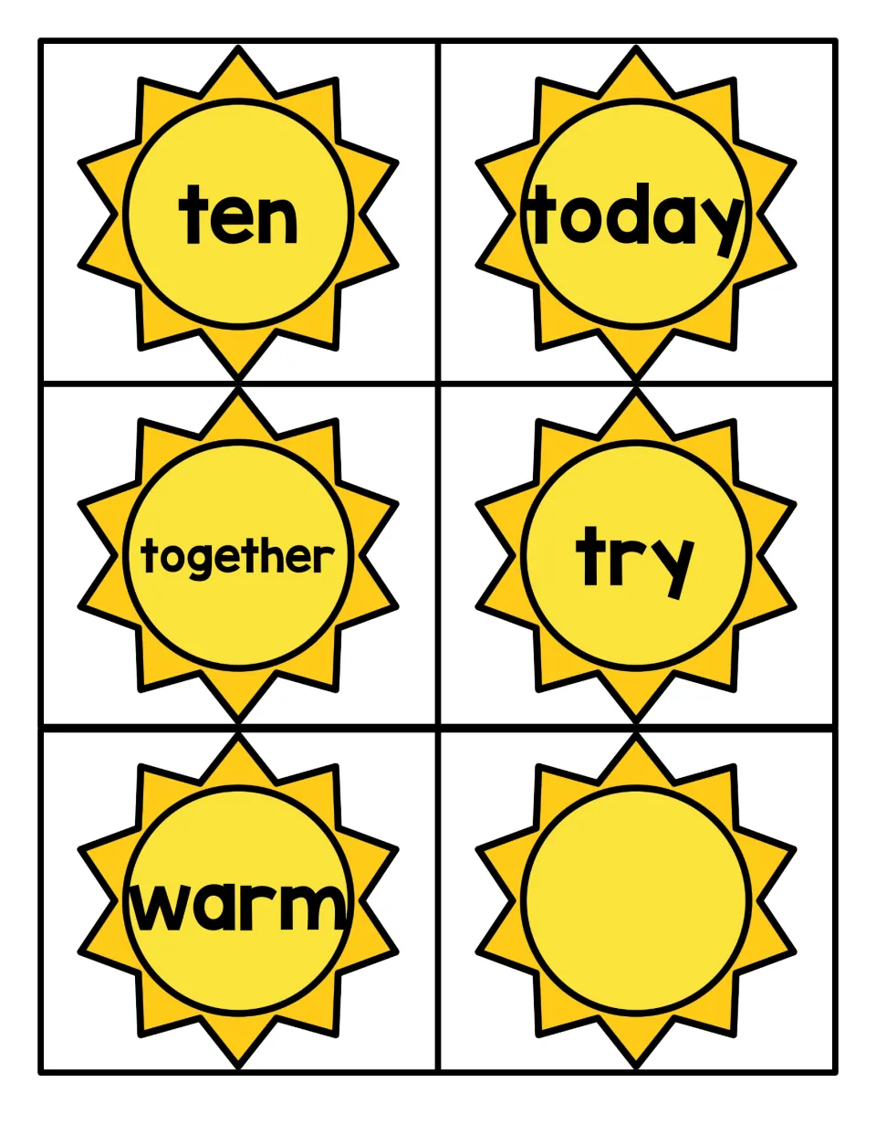 Final sight word suns: ten, today, together, try and warm, plus one blank sun card to fill in with a new word
